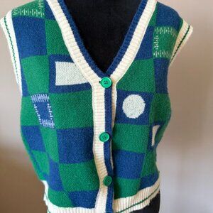 Alicedudu Medium Blue & Green Checked Sleeveless Button Cardigan